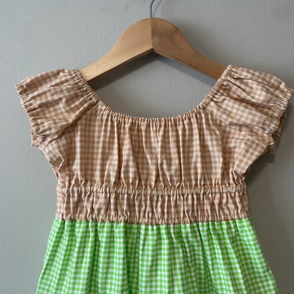 Handmade Children's 100% Cotton Tan White Green Gingham Multi Pattern Dress - Picture 5 of 12